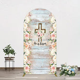 Lofaris Floral Blue Wooden He Is Risen Easter Arch Backdrop